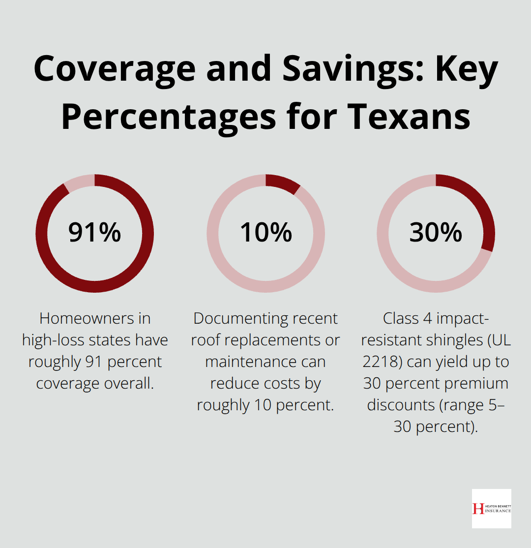 Percentages showing coverage rates and potential premium savings for Texas homeowners - Austin TX weather insurance