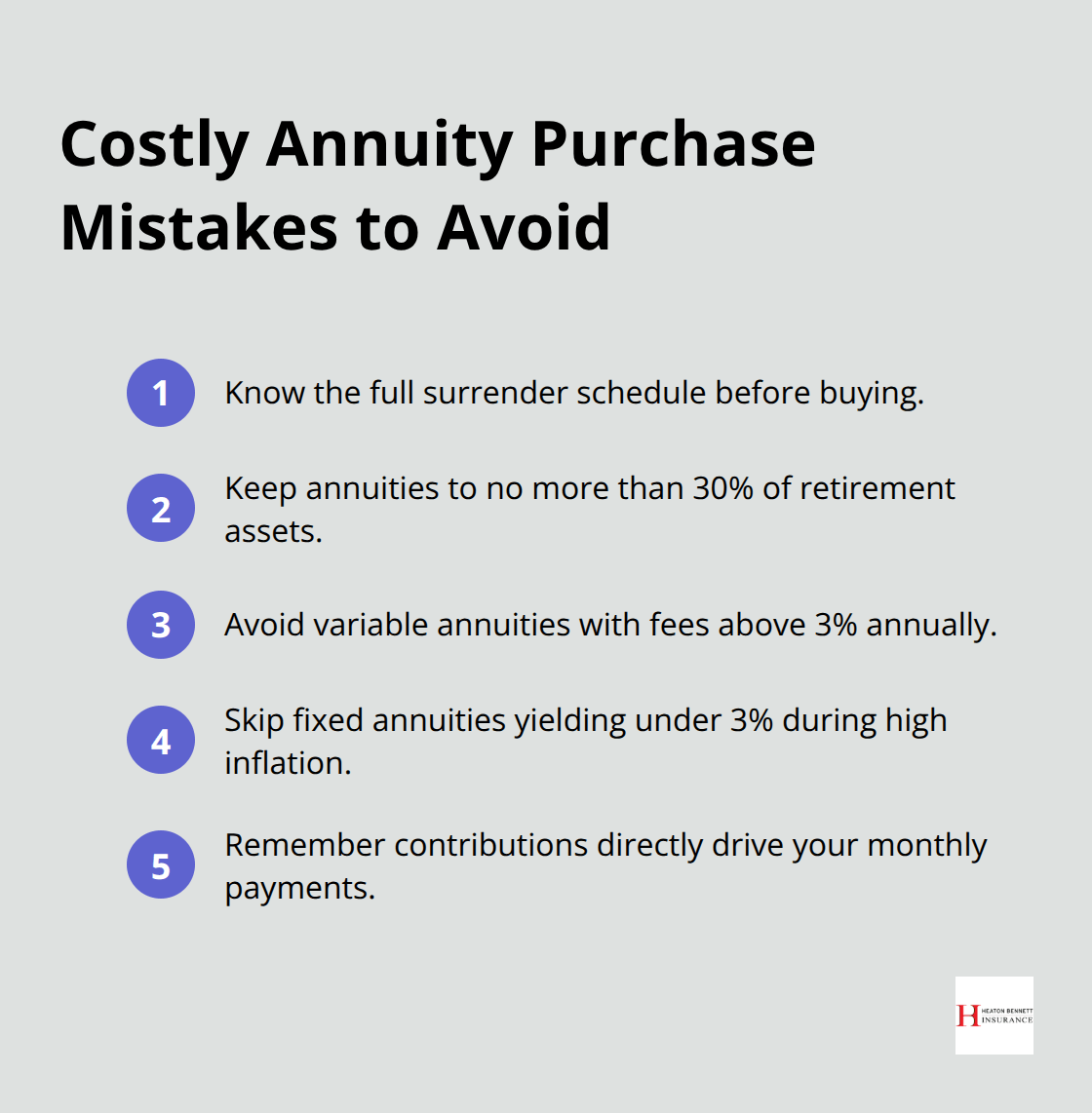 Compact list of five common annuity buying mistakes U.S. retirees should avoid. - annuity basics