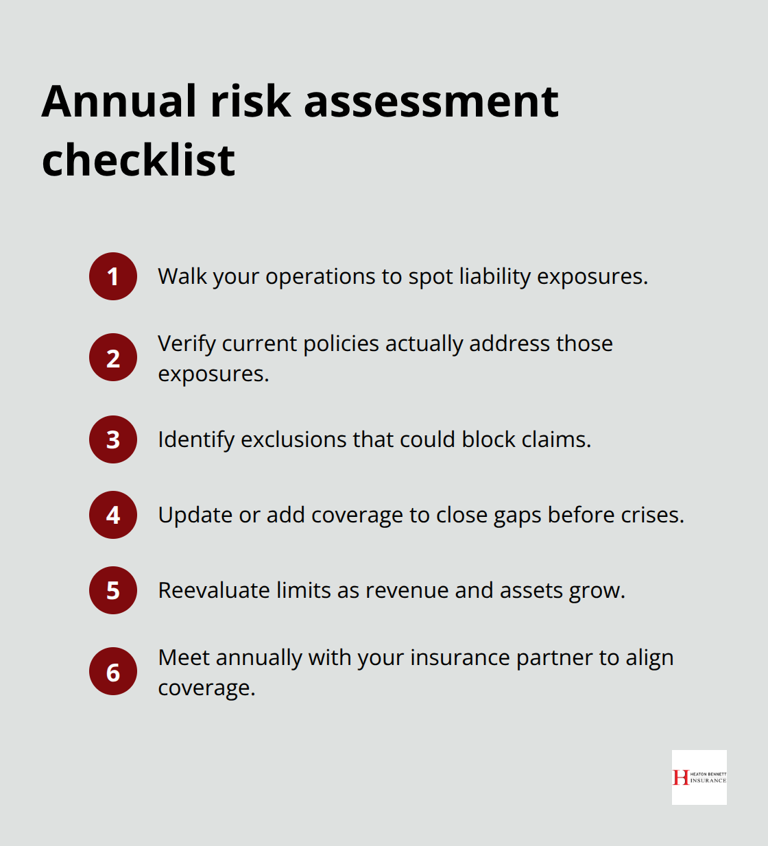 Compact checklist of steps to assess and close liability coverage gaps - business liability protection strategies
