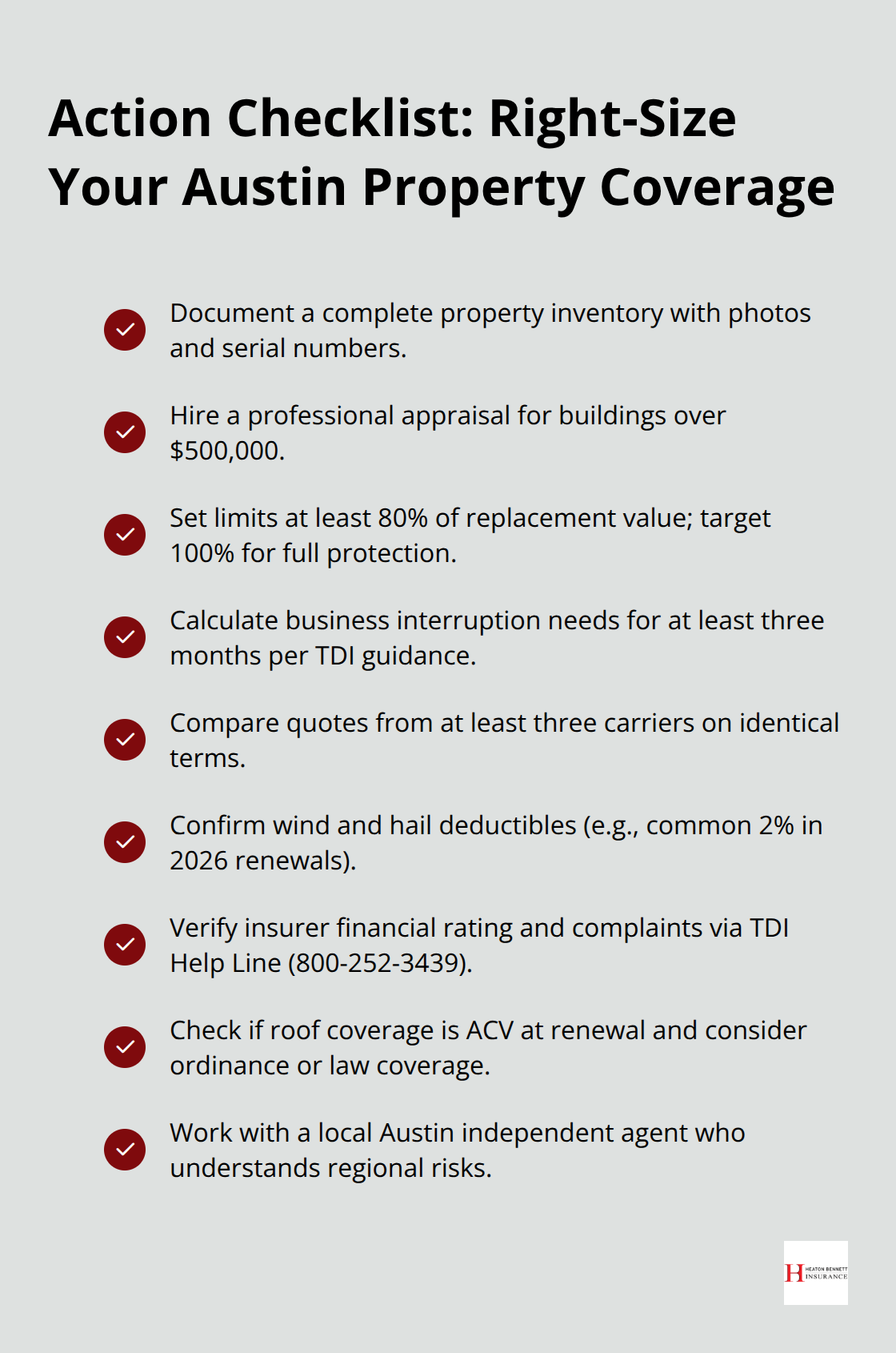 Checklist of steps to inventory assets, set limits, and compare policies for Austin businesses.
