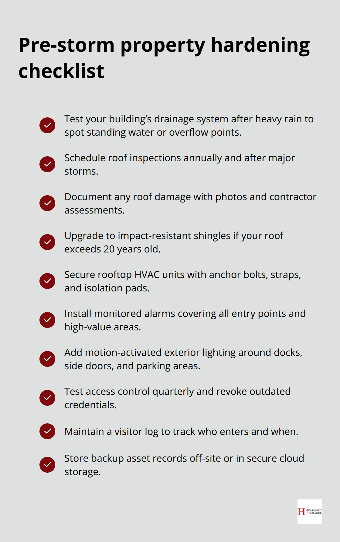 Maintenance and security actions to reduce weather losses and support lower premiums