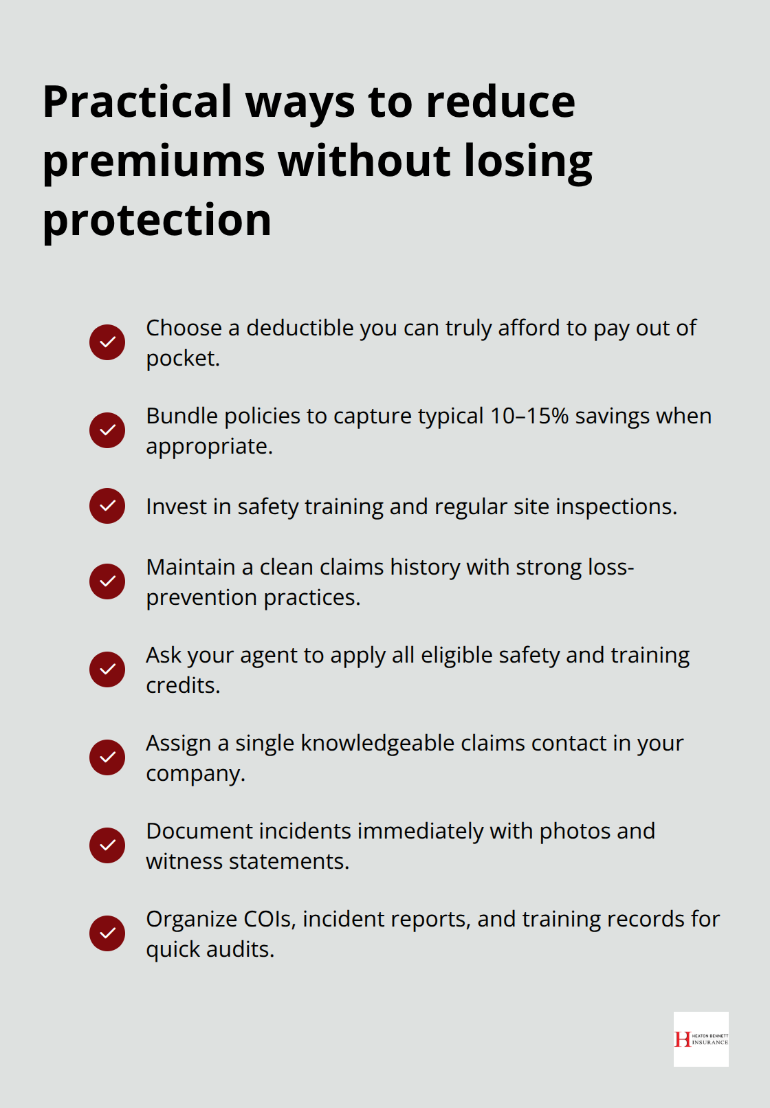 Checklist of cost-saving tactics and documentation habits for contractors’ insurance