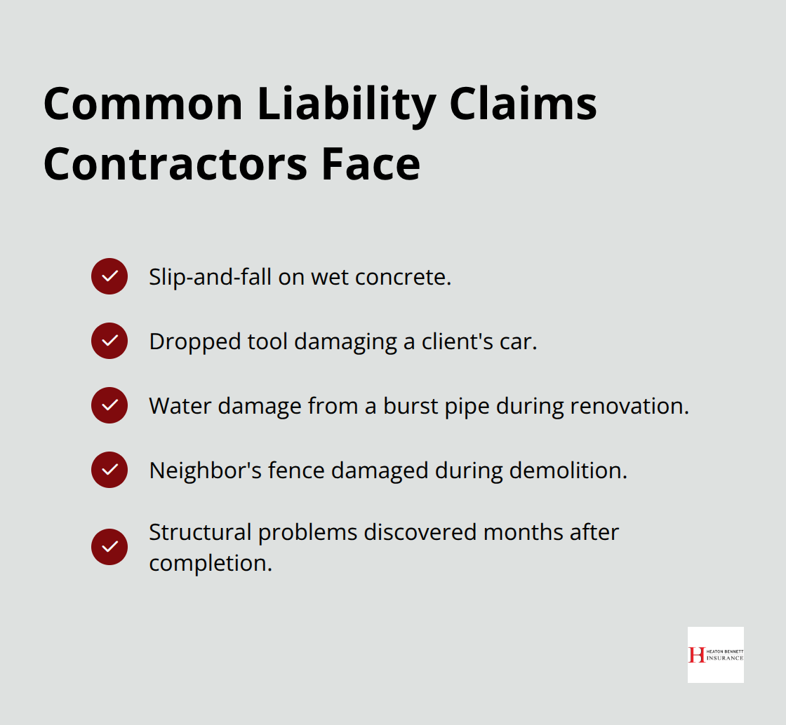 Checkmark list of frequent contractor liability claim scenarios.
