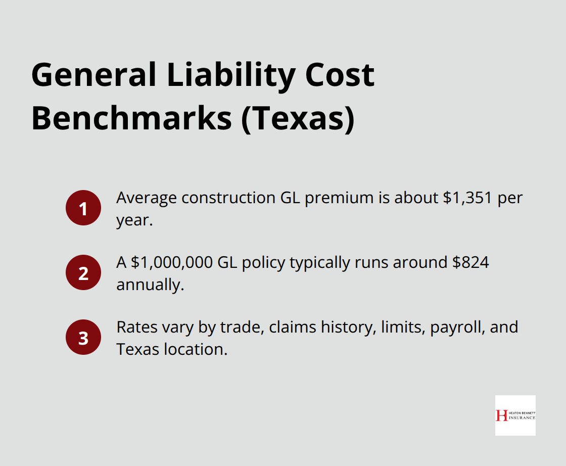 Compact list of benchmark general liability costs for Texas contractors - contractor liability insurance Texas