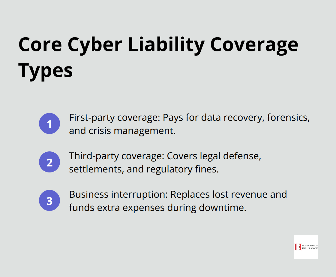 Three core cyber liability coverage types summarized for U.S. businesses