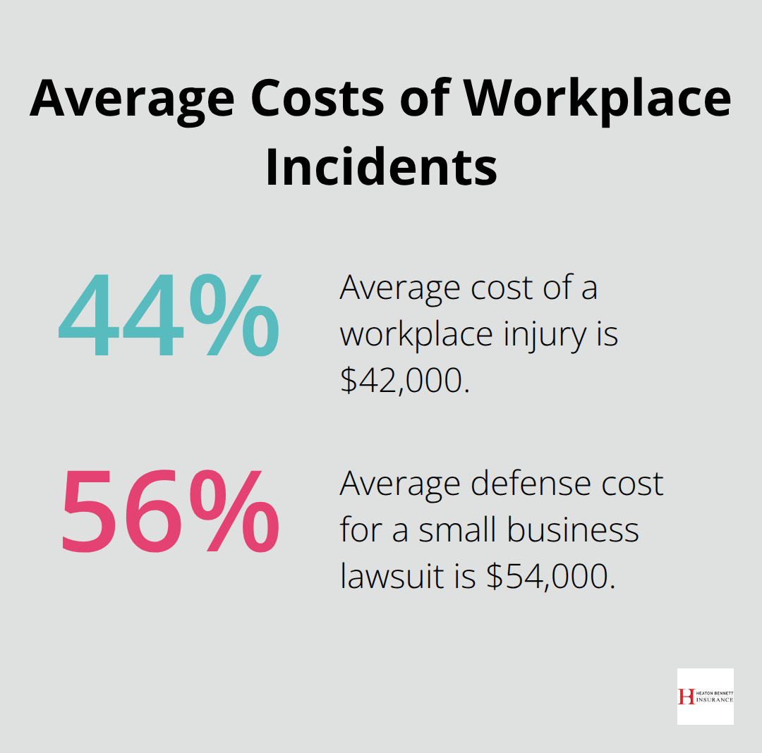 A percentage chart comparing the average cost of a workplace injury ($42,000) to the average defense cost for a small business lawsuit ($54,000).