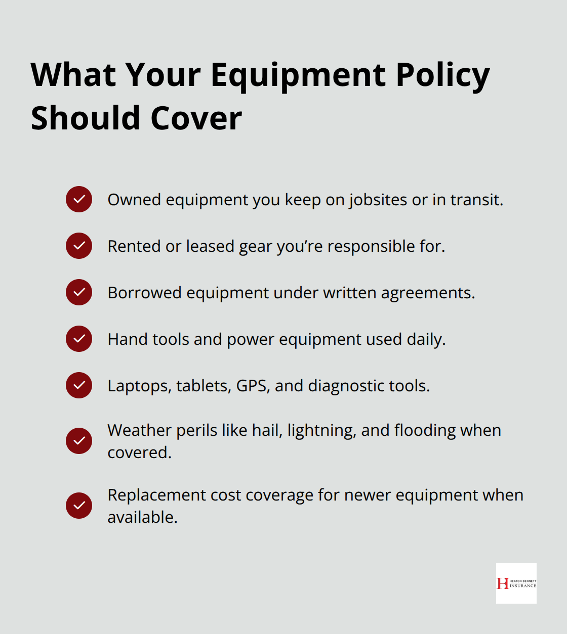 Checklist of core items and perils your contractor equipment insurance should cover - equipment insurance for contractors
