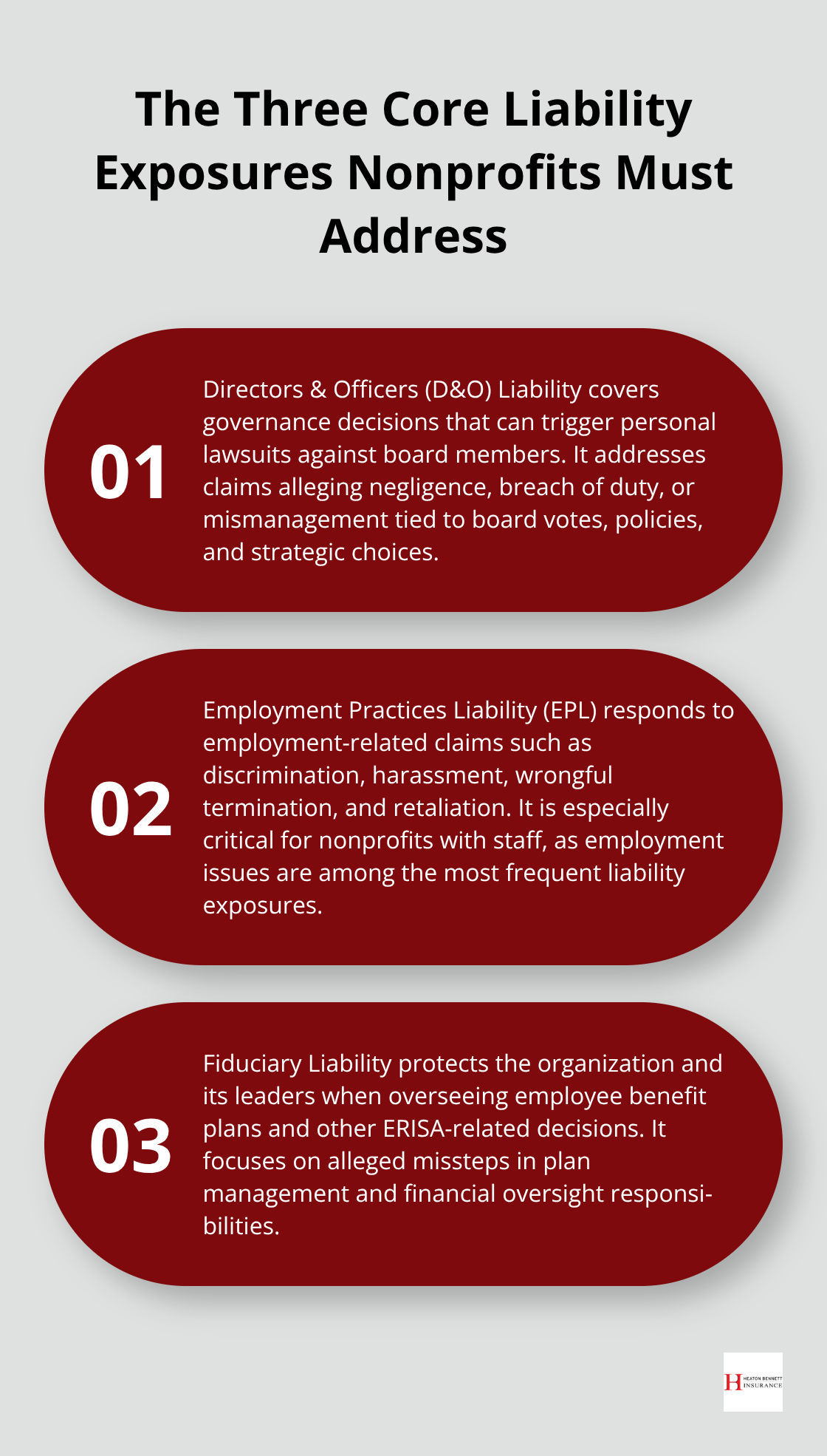 Infographic summarizing D&O Liability, Employment Practices Liability, and Fiduciary Liability for nonprofit boards in the United States. - nonprofit director insurance