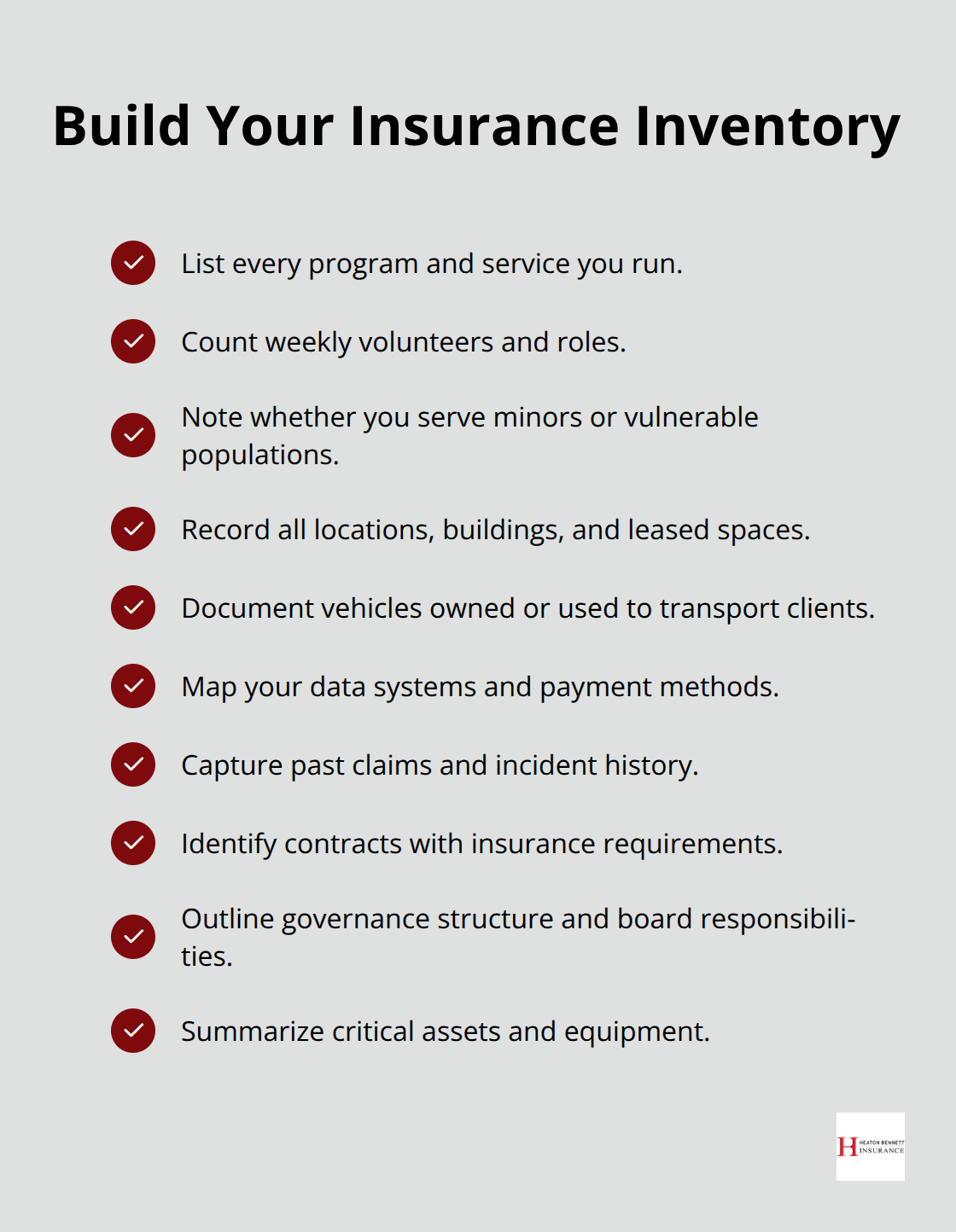 Checklist of items to document before selecting nonprofit coverage - nonprofit insurance needs