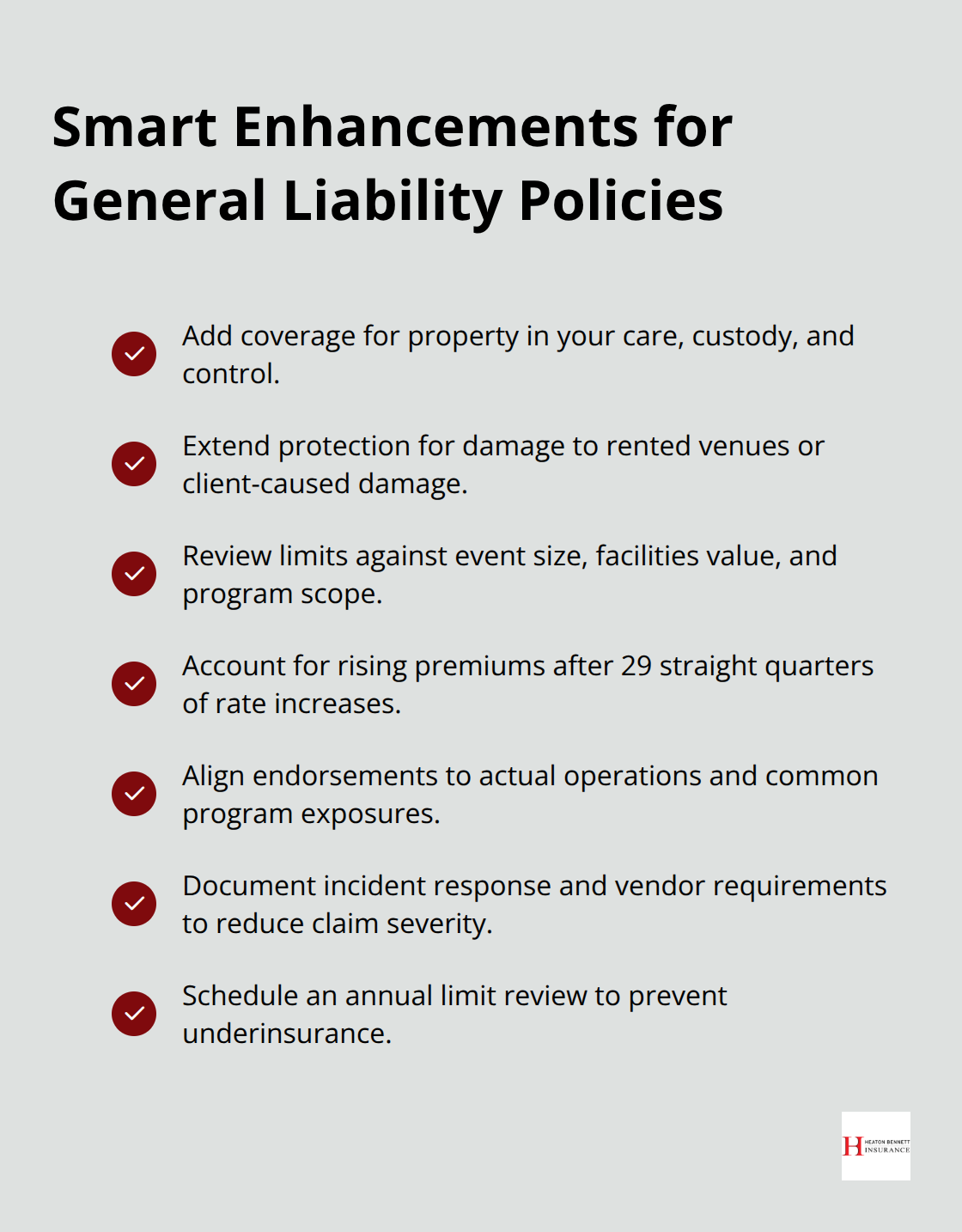 Checklist of priority general liability enhancements and limit actions for nonprofits - nonprofit liability coverage