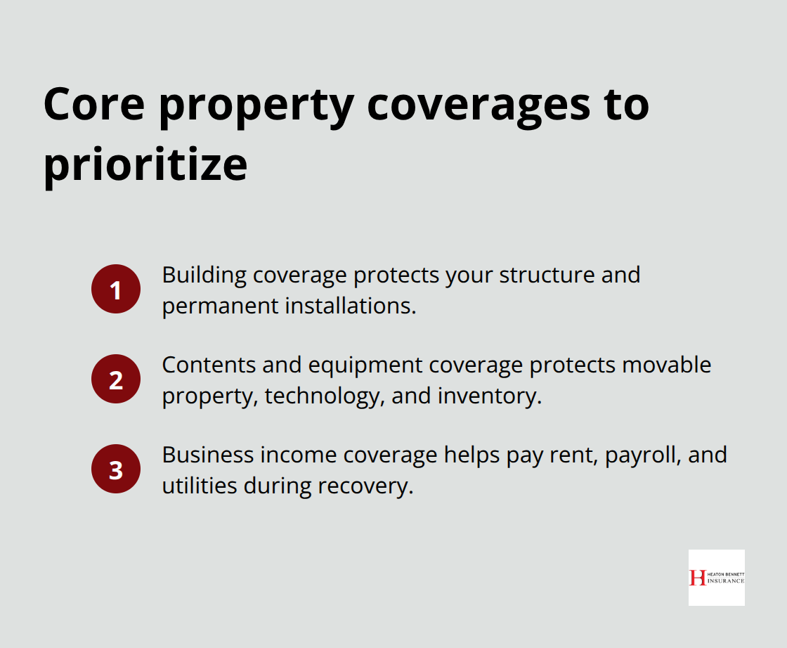 Three core nonprofit property coverages: building, contents and equipment, and business income