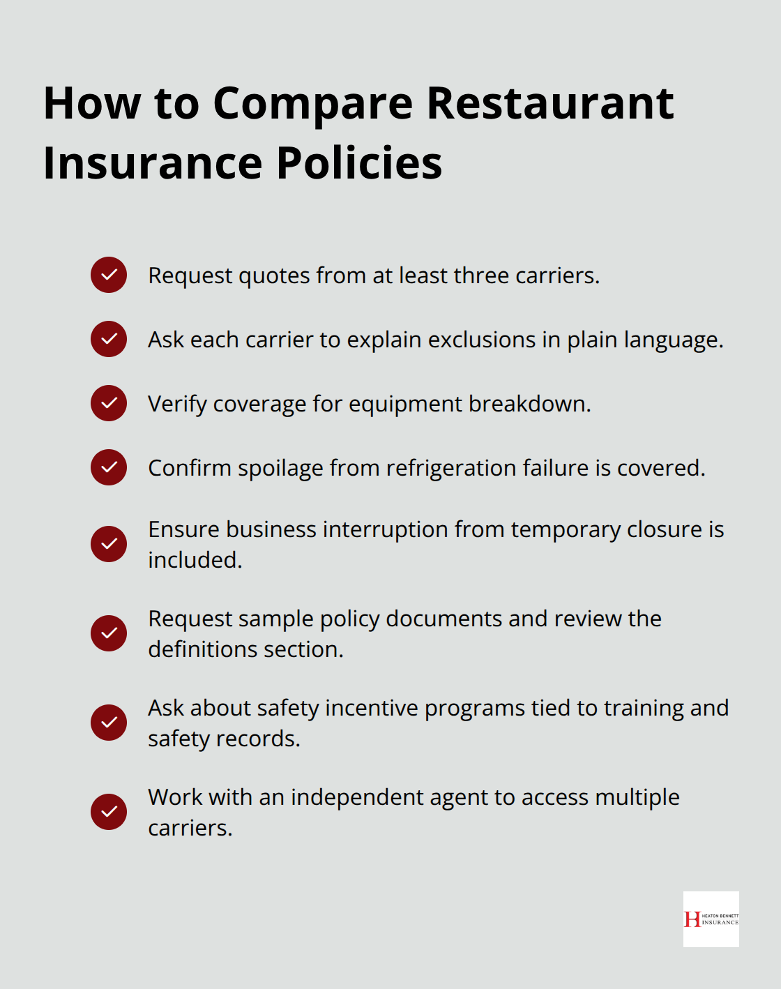 Checklist of essential questions and documents to review when comparing restaurant insurance