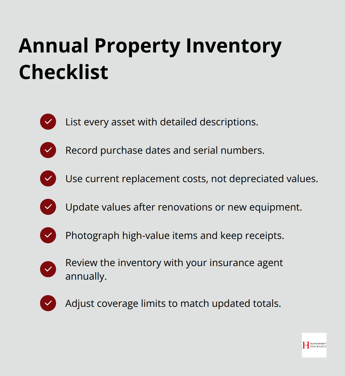 Checklist to keep restaurant property coverage limits aligned with current assets and values.