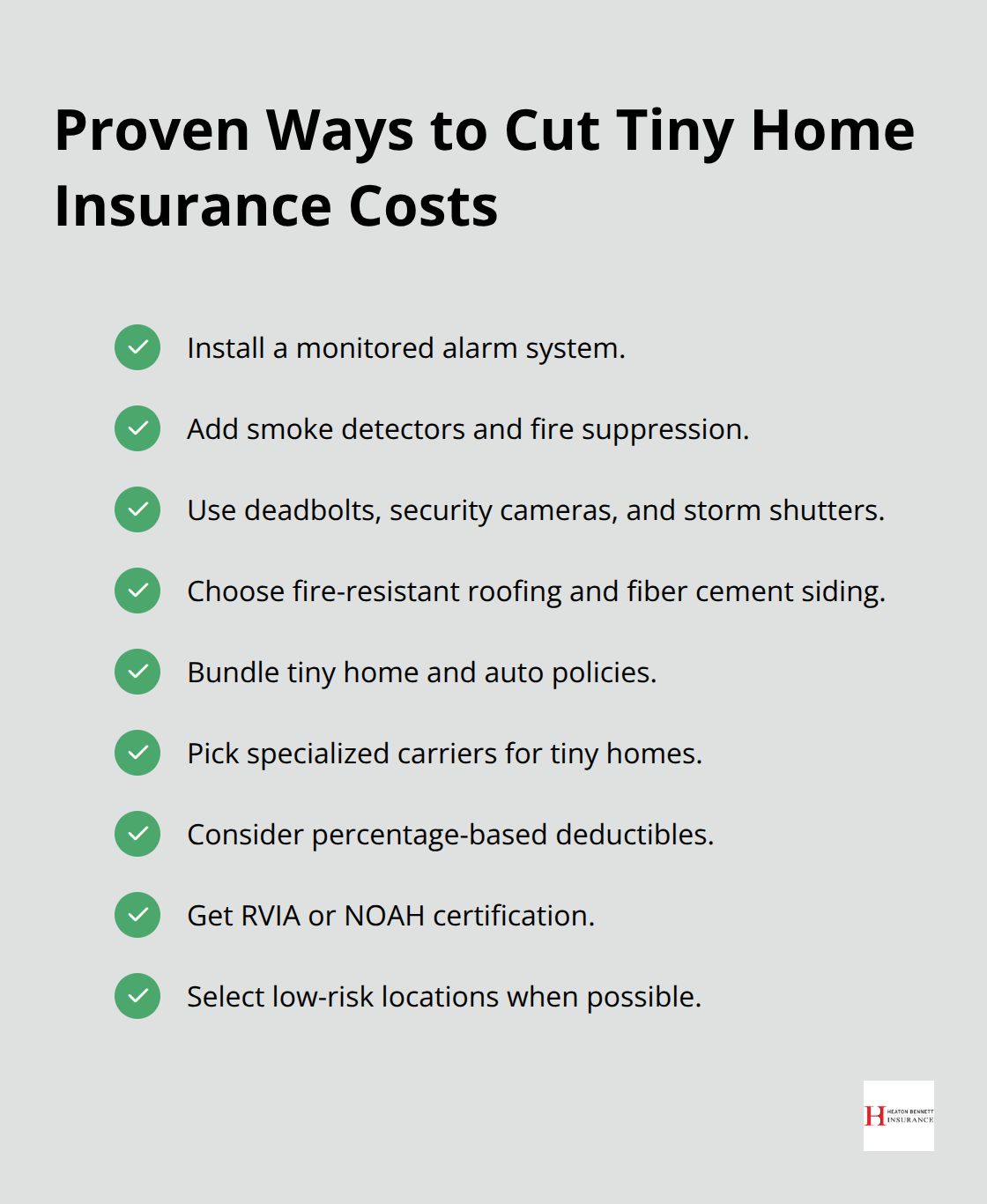 Checklist of savings tactics tiny homeowners in the U.S. can use to reduce premiums - tiny home insurance cost