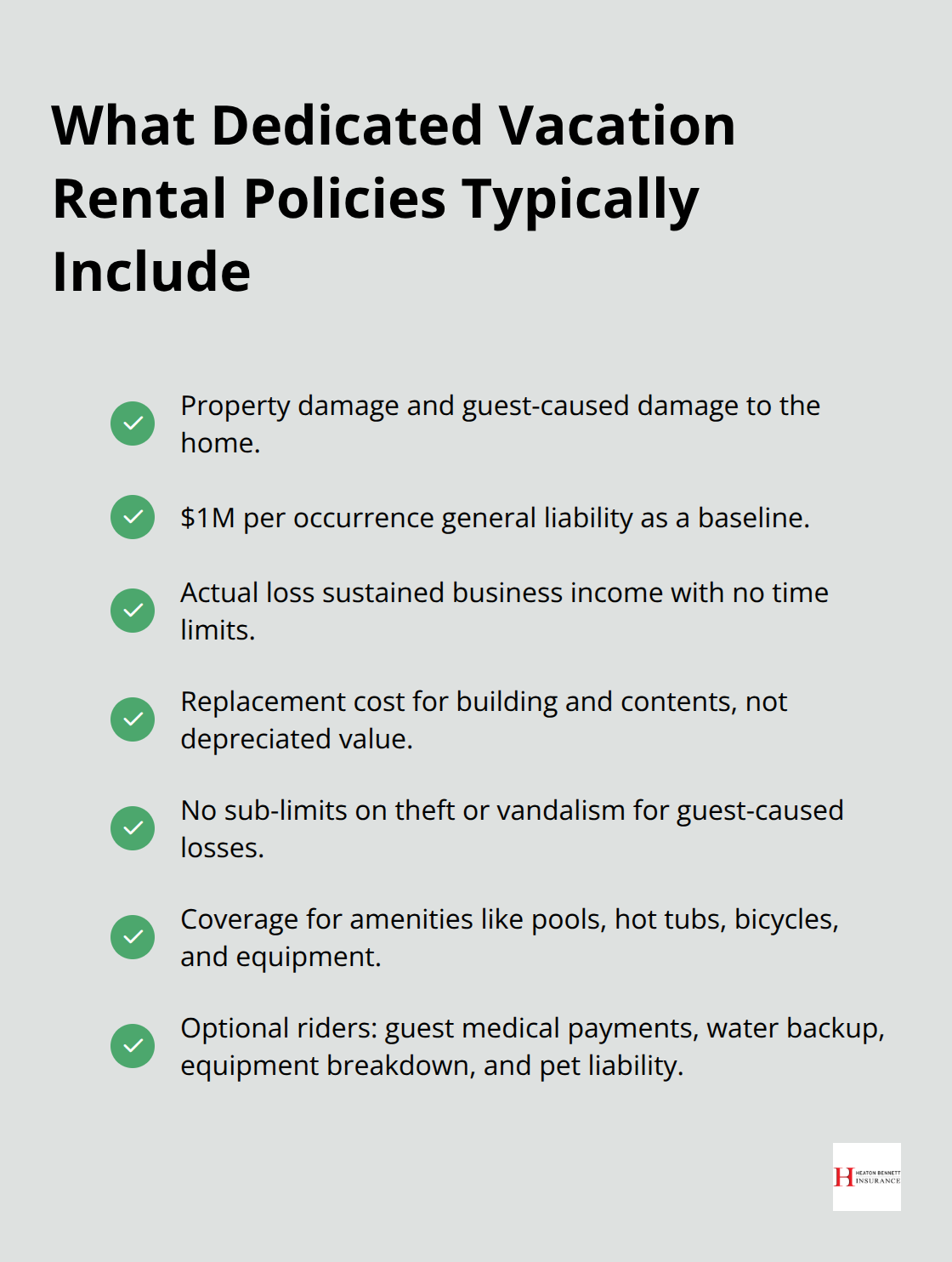 Checklist of core protections found in dedicated vacation rental insurance policies. - vacation rental insurance for owners