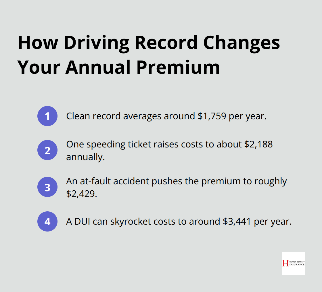 Ordered list showing annual premium examples by driving record severity